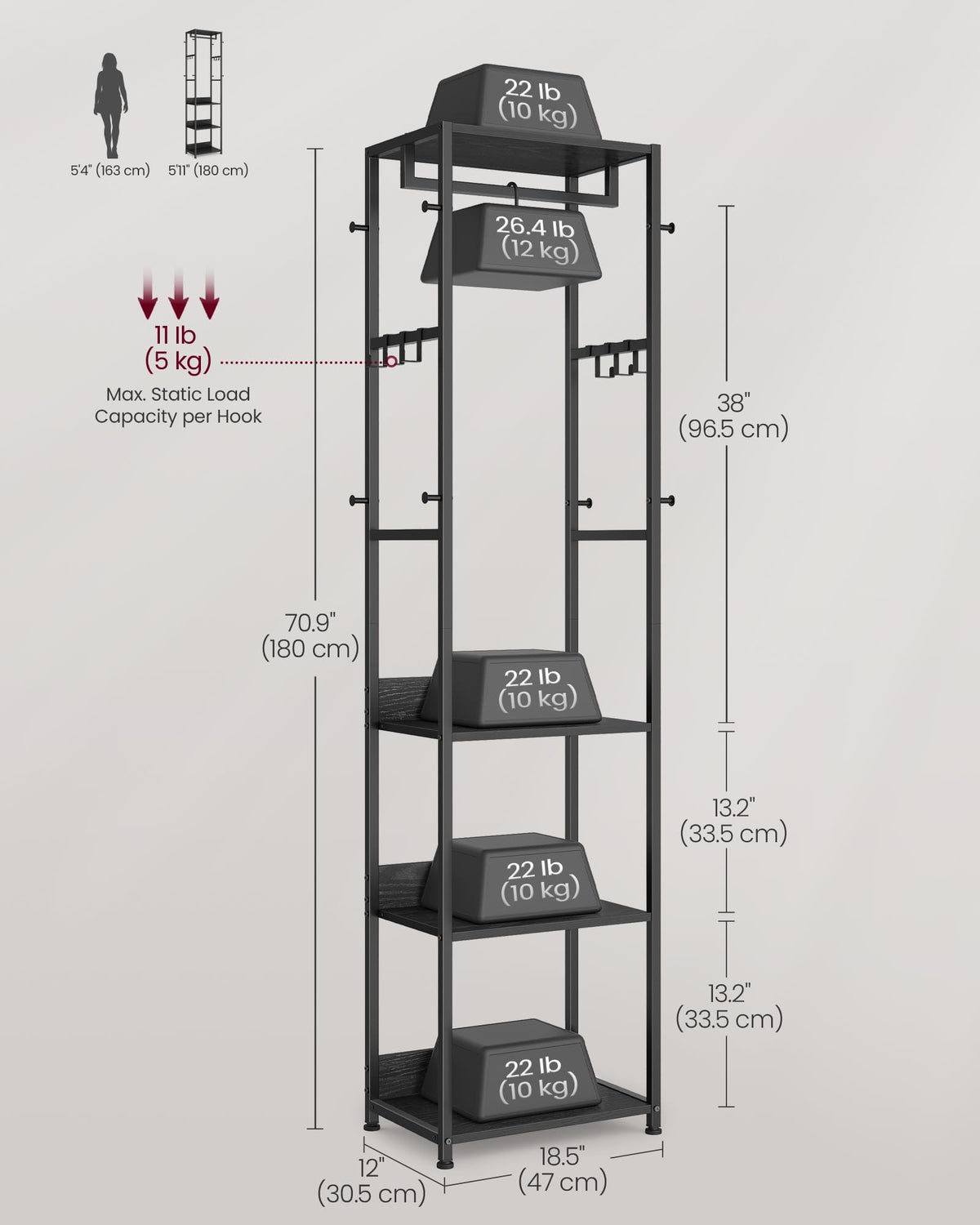 VASAGLE Coat Rack, Freestanding Hall Tree with Shelves, Hanging Rail, and Hooks, Space-Saving Coat
