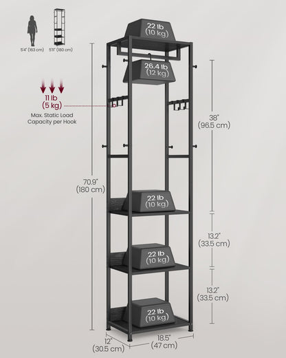 VASAGLE Coat Rack, Freestanding Hall Tree with Shelves, Hanging Rail, and Hooks, Space-Saving Coat