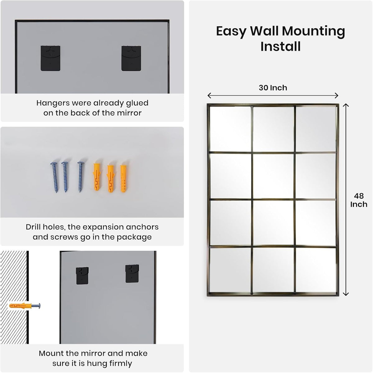 Windowpane Wall Mirror 30"x48" Bronze Wall Mounted Art Pane Mirror Farmhouse Decorative Mirror
