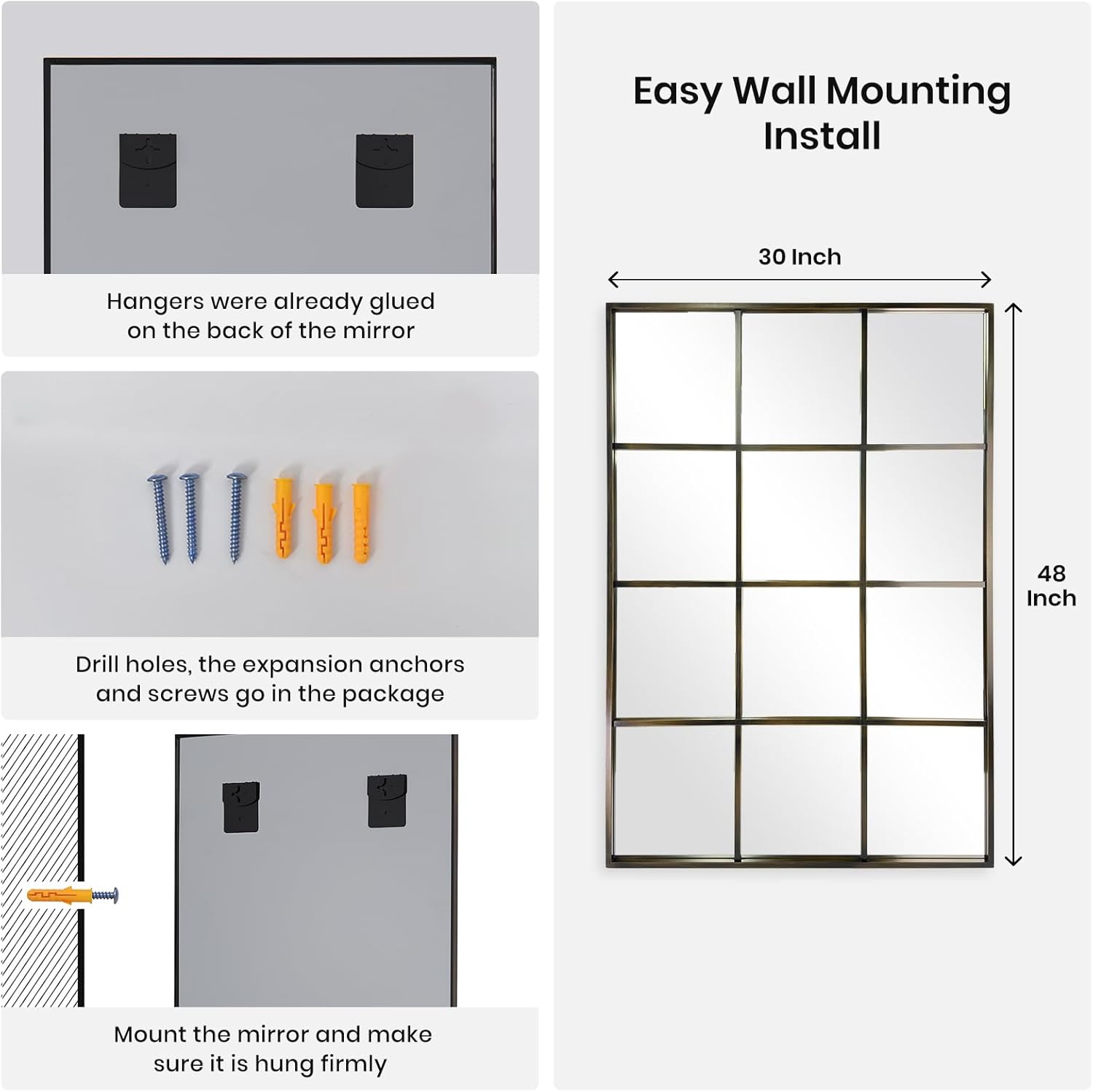 Windowpane Wall Mirror 30"x48" Bronze Wall Mounted Art Pane Mirror Farmhouse Decorative Mirror