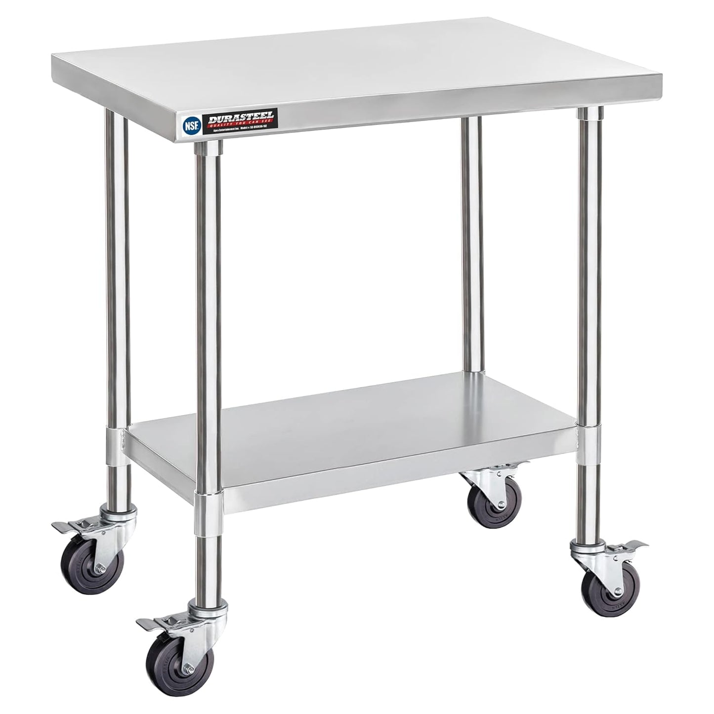 DuraSteel 30x36 NSF Stainless Steel Cart Work Table - Heavy Duty Rolling Food Prep Table Countertop