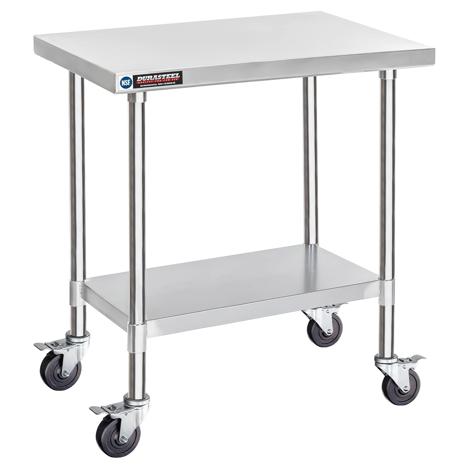 DuraSteel 30x36 NSF Stainless Steel Cart Work Table - Heavy Duty Rolling Food Prep Table Countertop