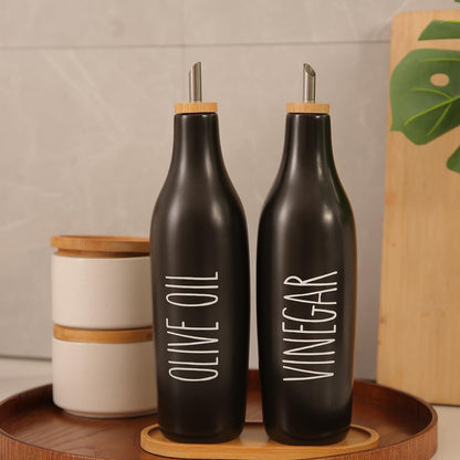 HOMCDALY Olive Oil and Vinegar Dispenser Set, Ceramic Oil and Vinegar Bottles with Bamboo Tray