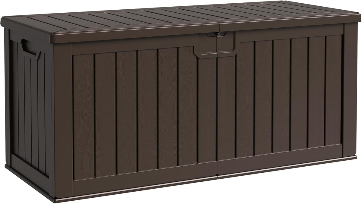Flamaker Resin Deck Box 250 Gallon, Waterproof Imitation-Wood Lockable Storage Box with Separator