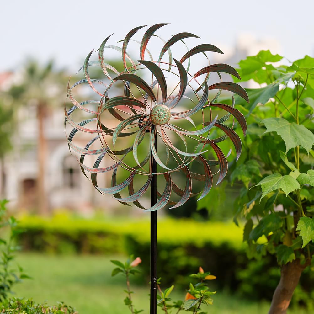 Viveta Large Outdoor Wind Spinner,21 * 85 inches Metal Wind Sculpture with 4 Sturdy Stakes,Green