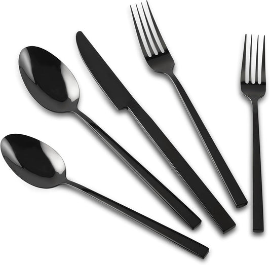 Stainless Steel Flatware Set Hand Forged 18/10 Silverware Set Mirror Black Cutlery Set with Cuboid