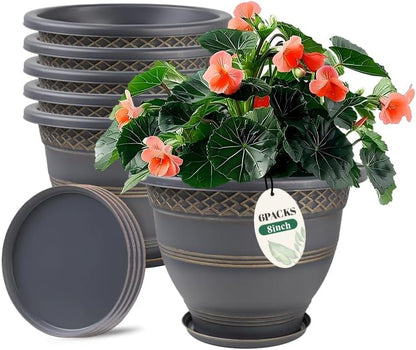 6 Pack 8 Inch Plant Pots, Plastic Flower Pot for Indoor & Outdoor with Drainage Holes & Saucer