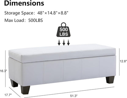 51 Inch Faux Leather Ottoman with Storage, End of Bed Bench with Large Storage, Rectangular Extra