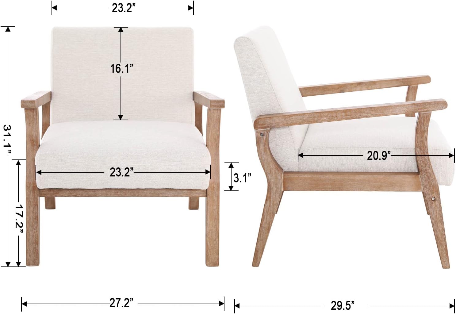 Mid Century Modern Accent Chair Set of 2, Linen Upholstered Living Room Accent Armchair with Wood
