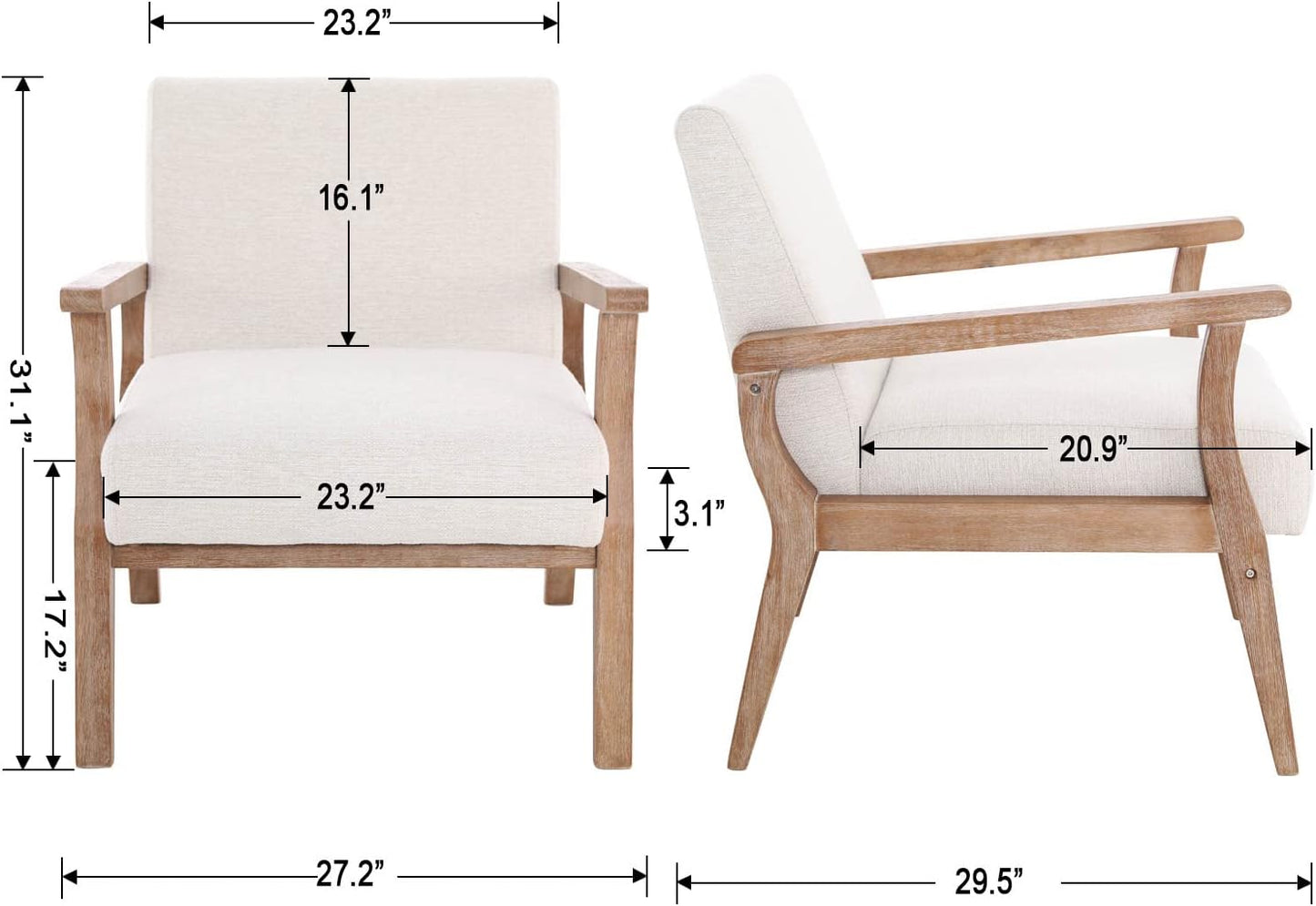 Accent Chair Mid Century Modern Armchair, Linen Upholstered Living Room Accent Armchair with Wood