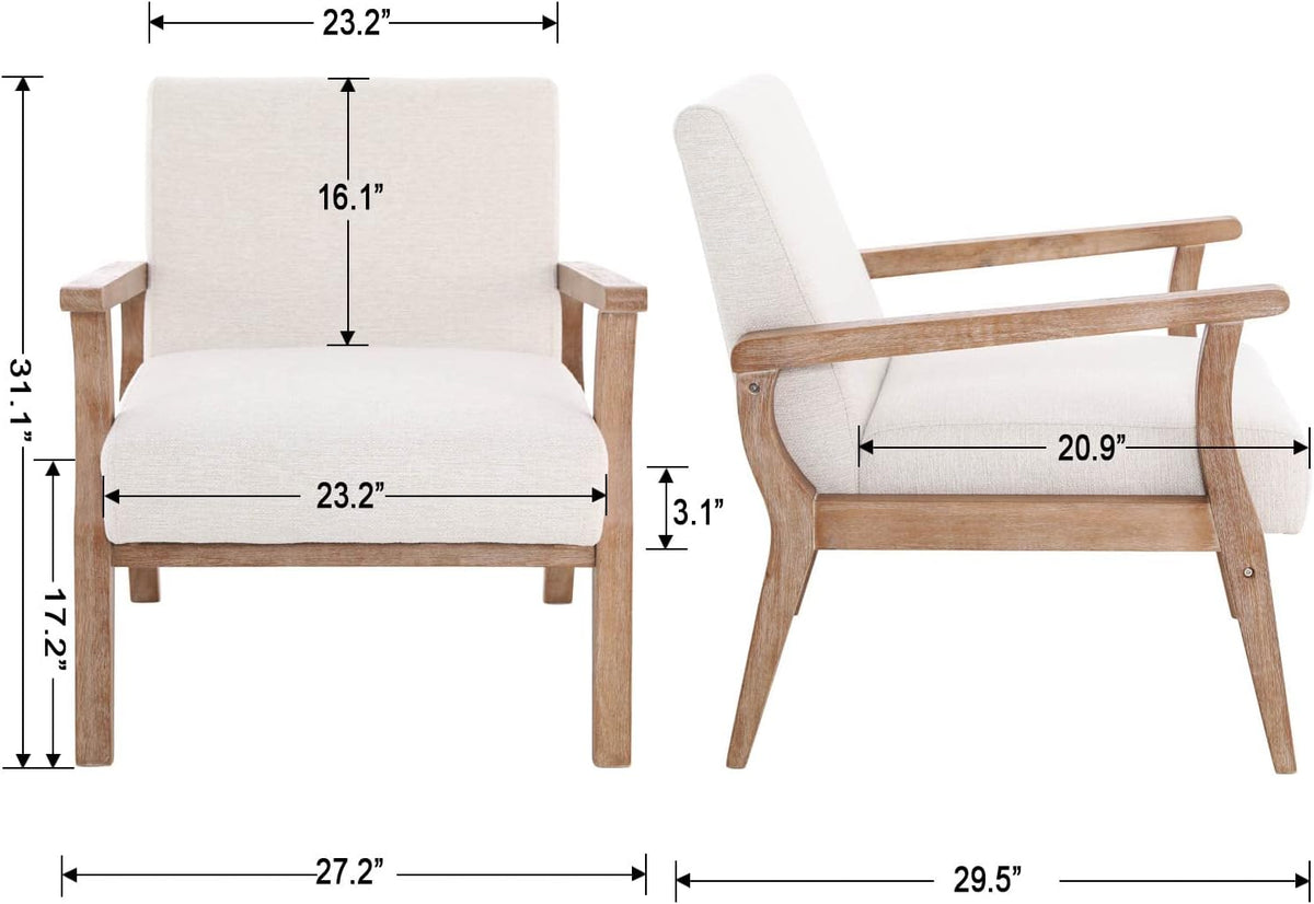 Accent Chair Mid Century Modern Armchair, Linen Upholstered Living Room Accent Armchair with Wood