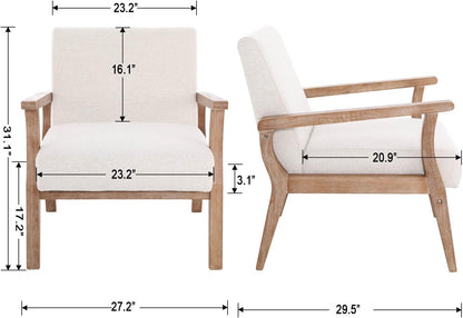 Accent Chair Mid Century Modern Armchair, Linen Upholstered Living Room Accent Armchair with Wood