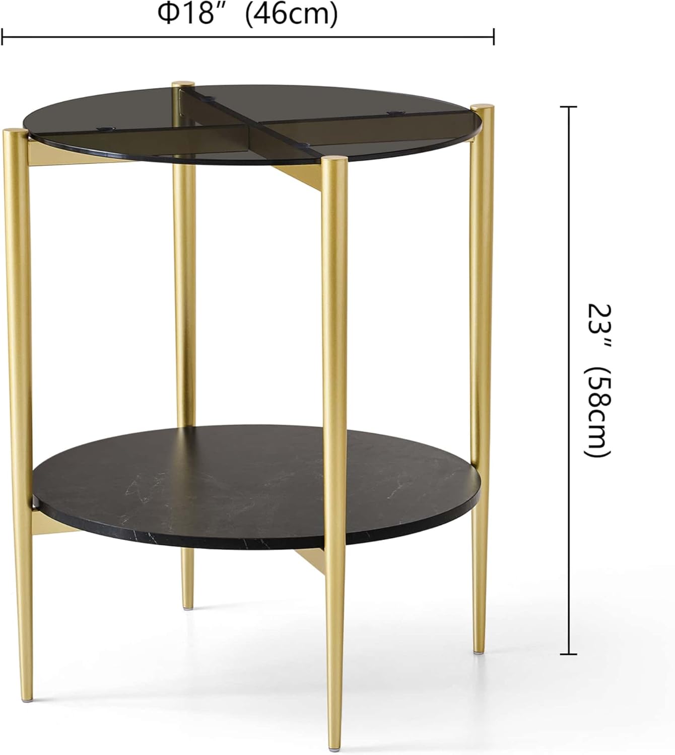 Round Glass End Table, Mid-Century Modern Design Sofa Table for Living Room, D18 x H23 in, 2-Tier