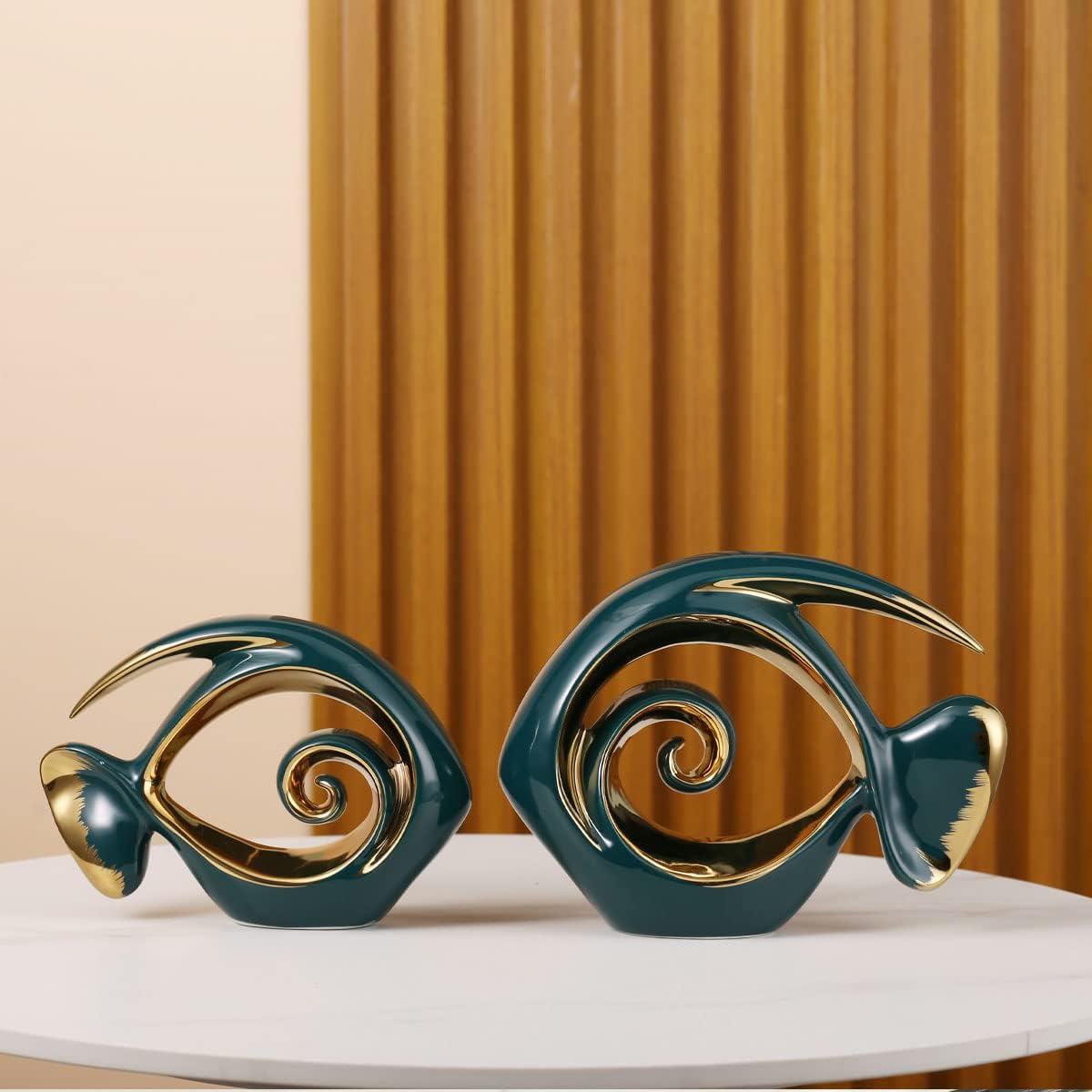 Green Gold Ceramic Fish Figurines - Coastal Home Decor, Modern Ocean Centerpieces for Living Room
