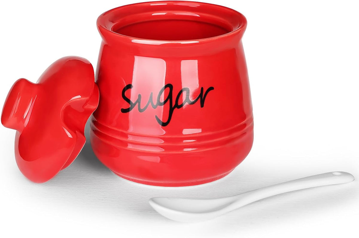 HAOTOP 12oz Sugar Bowl with Lid and Spoon,Ceramic Sugar Jar Sugar Dispenser Sugar Container Coffee