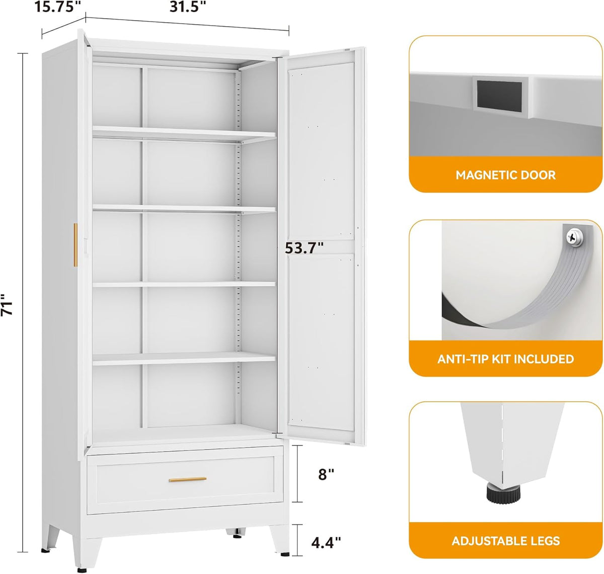 71 "Farmhouse Metal Filing Cabinet with a Drawer and 4 Adjustable Shelves, with 2 Large barn Door