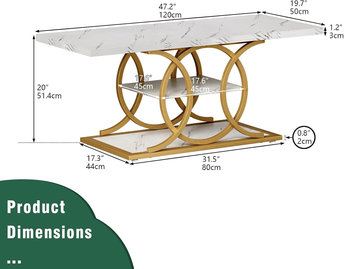 GiftGo Rustic Coffee Table with Storage Modern 3 Tier Center Living Room Table Faux Marble Wooden