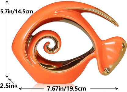 Orange Gold Ceramic Fish Figurines - Coastal Home Decor, Modern Ocean Centerpieces for Living Room