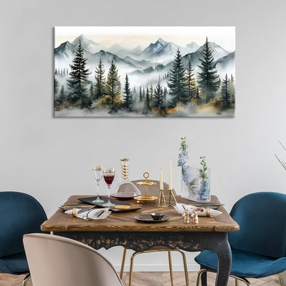 LASMOND Watercolor Forest Wall Art for Living Room Modern Mountain Canvas Painting Prints Foggy