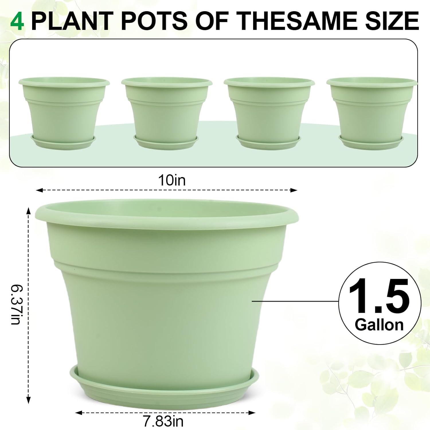 10 Inch Plastic-Flower-Pot-for-Indoor-Plants, 4 Pack Large Outdoor Planter Pot with Drainage Holes