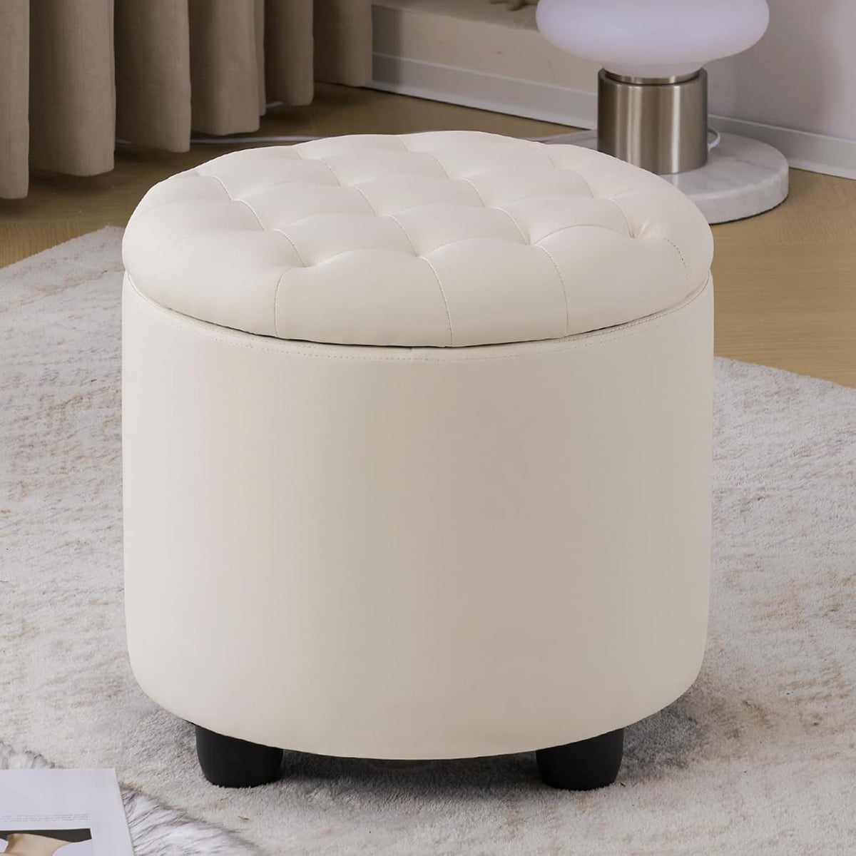 Furniliving Upholstered Button Tufted Round Ottoman, PU Storage Ottoman Round, Removable Lid