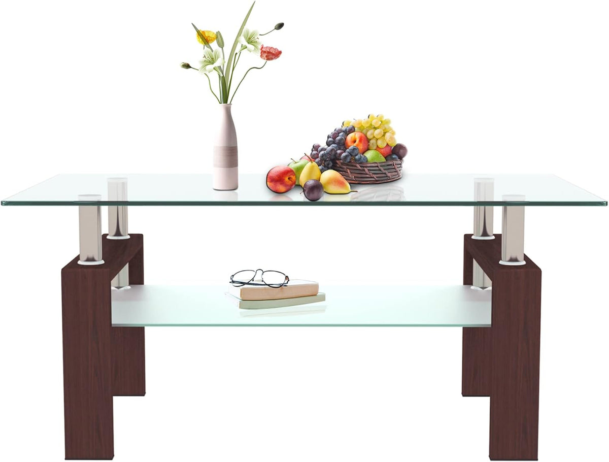 Glass Coffee Table for Living Room, Mordern Sofa Center Tables with Storage, Brown Metal Leg