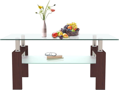 Glass Coffee Table for Living Room, Mordern Sofa Center Tables with Storage, Brown Metal Leg