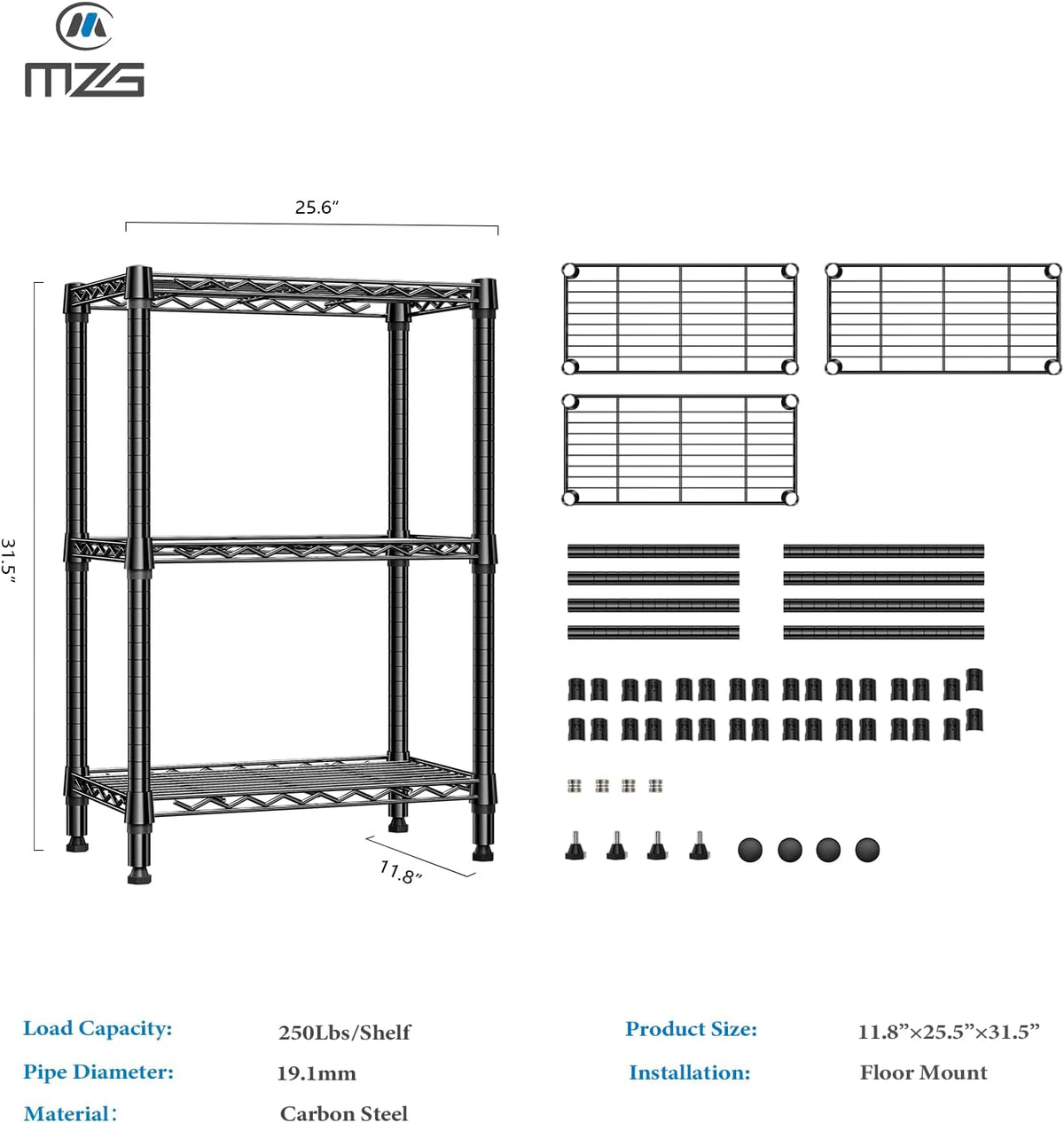 750 lbs 3 Tier Shelf Metal Storage Shelves Wire Rack Closet Organizers for Garage Kitchen Bathroom