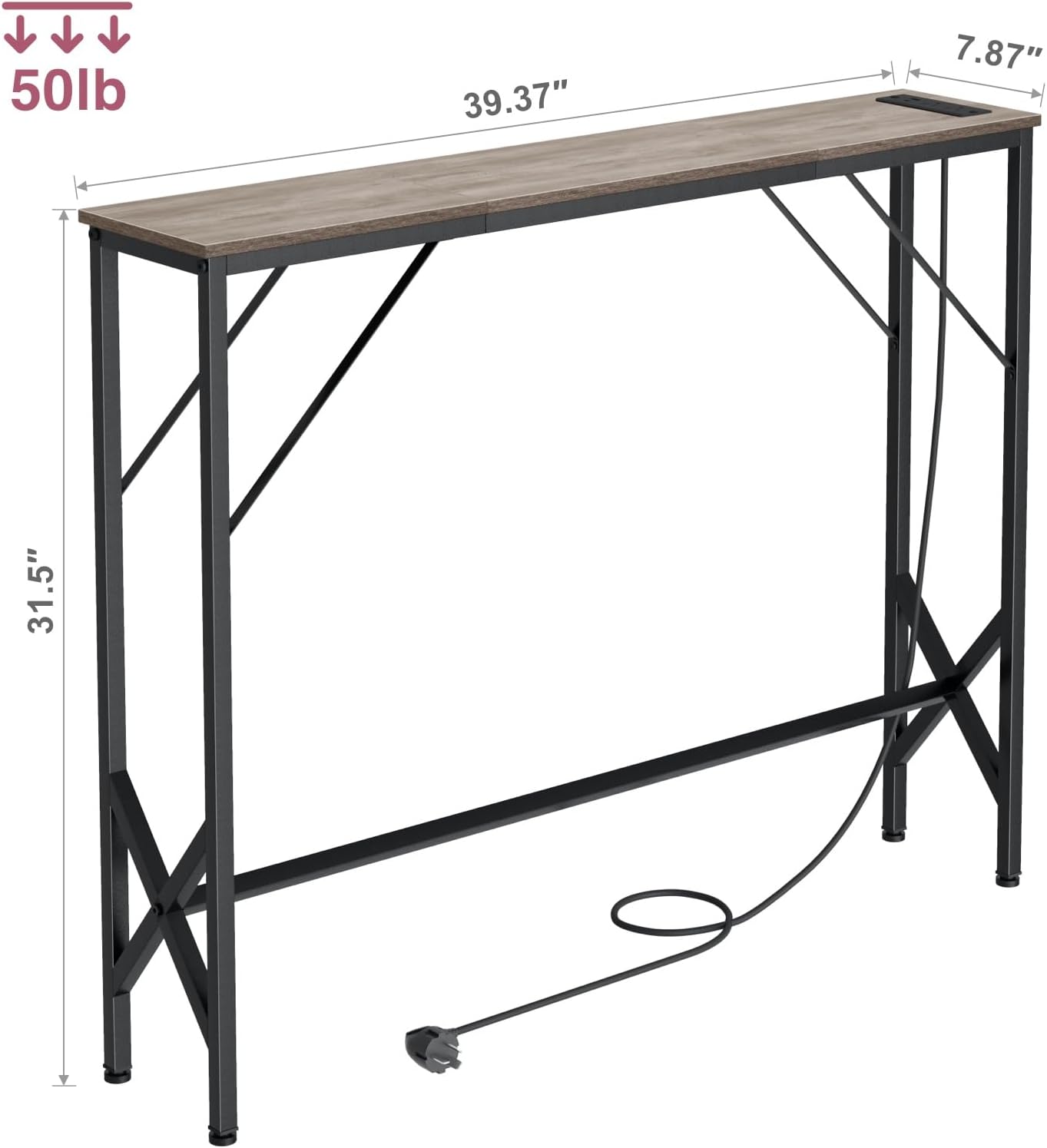 Console Table, Skinny Entryway Table with Fast-Charging Station, Narrow Long Sofa Table, Behind