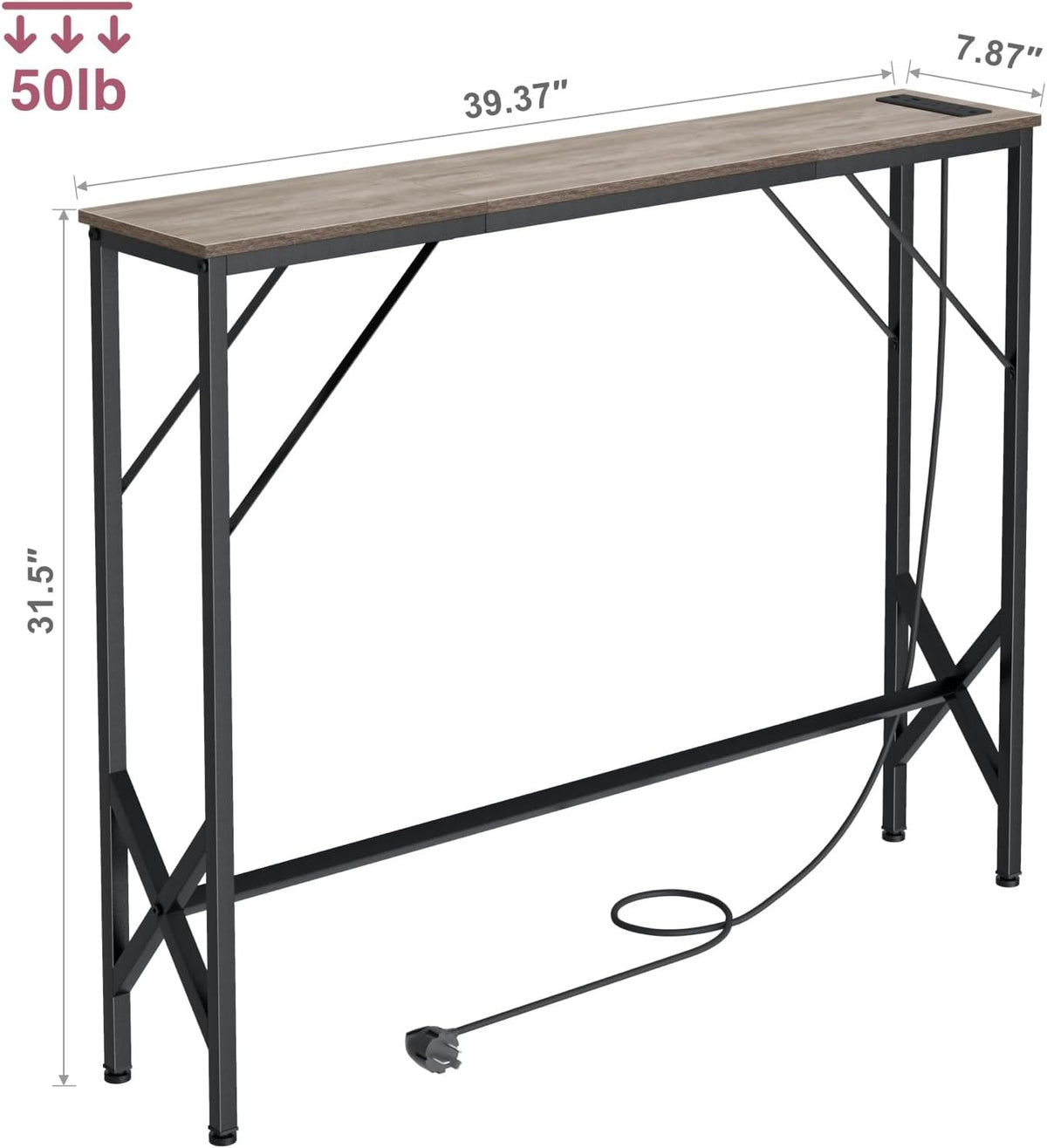 Console Table, Skinny Entryway Table with Fast-Charging Station, Narrow Long Sofa Table, Behind