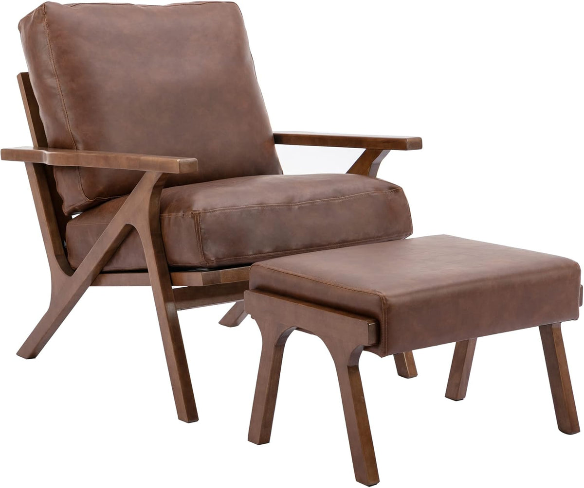 chairus Mid-Century Modern Accent Chair with Ottoman, Faux Leather Armchair with Wood Legs Comfy