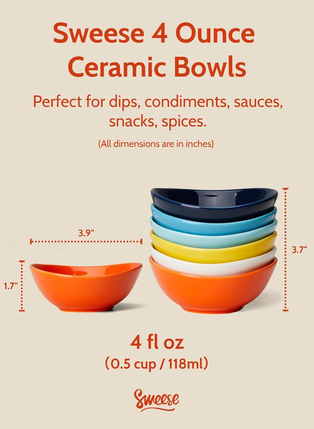 Sweese Porcelain 4oz Bowls Set of 6, Assorted Colors - Durable for Sauce, Dipping, Snack Side