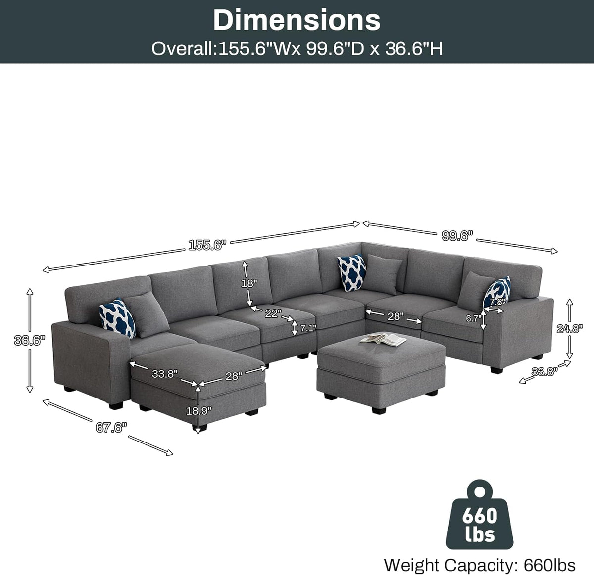 L Lengend Vansen Modular Sectional Sofa U Shaped Couch with Ottoman Modern Reversible Corner