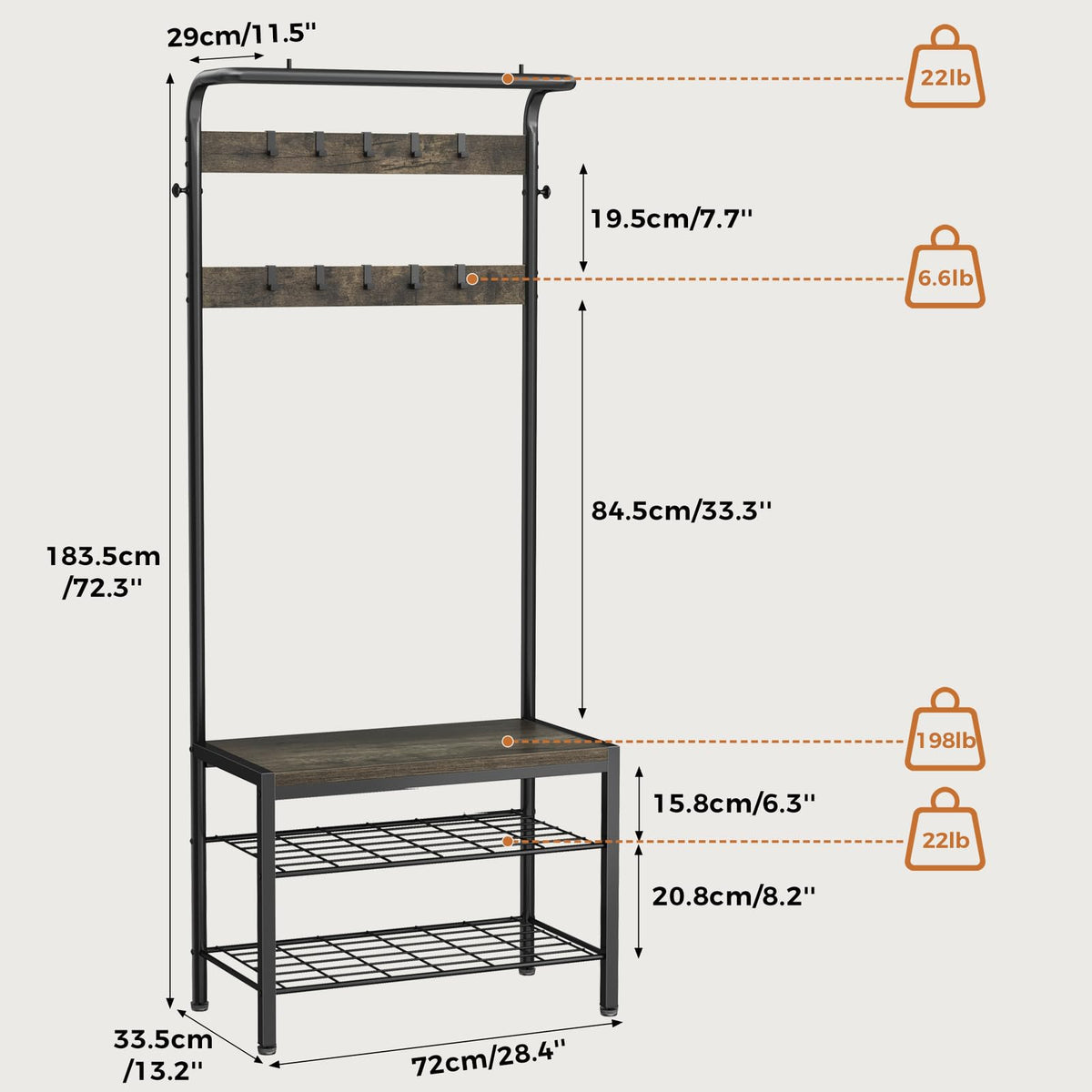 KMFurnila Hall Tree with Bench and Shoe Storage, 4-in-1 Entryway Organizer with 10 Hooks and