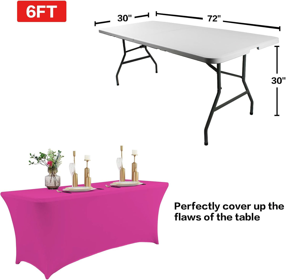 IVAPUPU 2 Pack 6FT Table Cloth for Rectangular Fitted Events Stretch Fuchsia Table Covers Washable