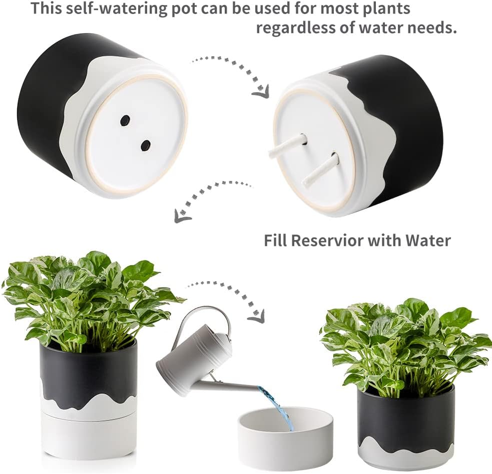 Nihow Self Watering Plant Pot: 6 Inch Ceramic Planter with Drainage Hole & Water Storage Plus for