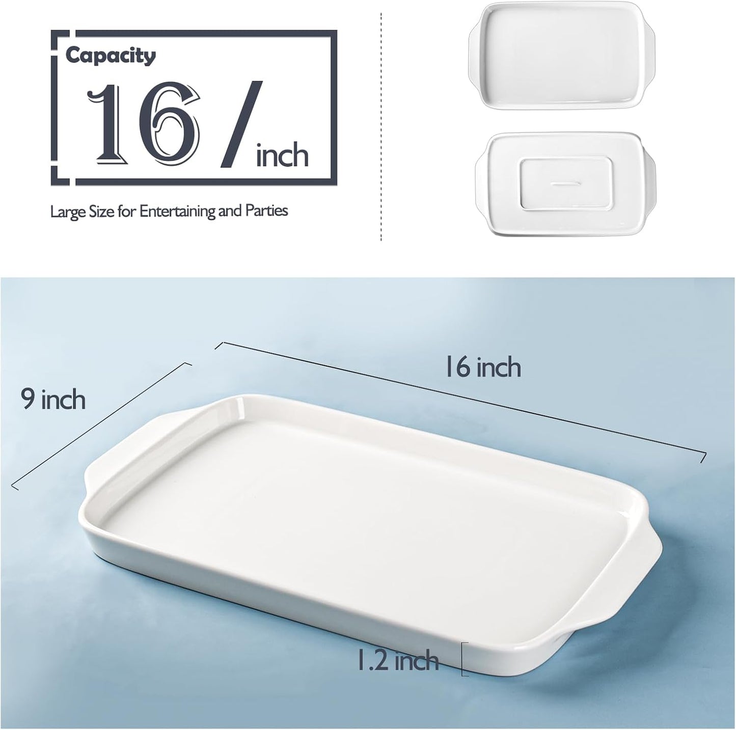 Dizada Large Serving Platter with Handles, 16" x 9" Porcelain Serving Tray, White Rectangular