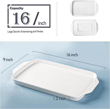 Dizada Large Serving Platter with Handles, 16" x 9" Porcelain Serving Tray, White Rectangular