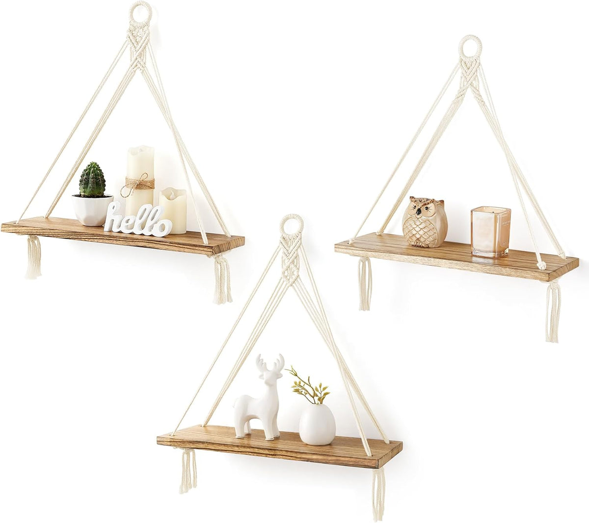 Mkono Macrame Hanging Shelves Boho Wall Decor Set of 3 Rustic Wood Floating Storage Shelf for