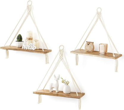 Mkono Macrame Hanging Shelves Boho Wall Decor Set of 3 Rustic Wood Floating Storage Shelf for