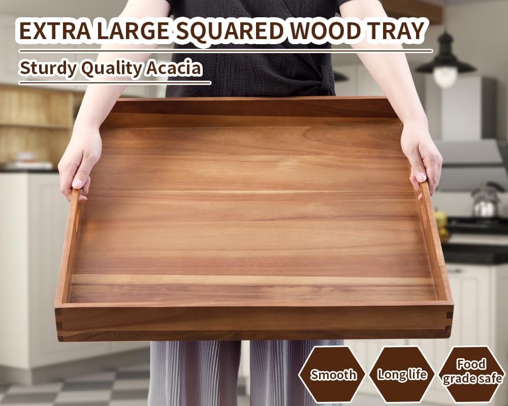 Extra Large Square Wood Tray, Generously 22" Acacia Serving Trays for Large Ottoman Coffee Table