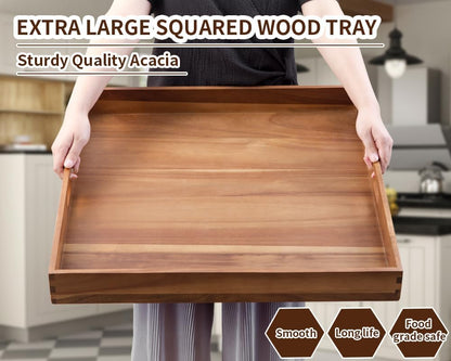 Extra Large Square Wood Tray, Generously 22" Acacia Serving Trays for Large Ottoman Coffee Table