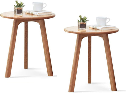 100% Solid Oak Round Side Table Set of 2, Small Bedside Table for Small Spaces, Living Room End