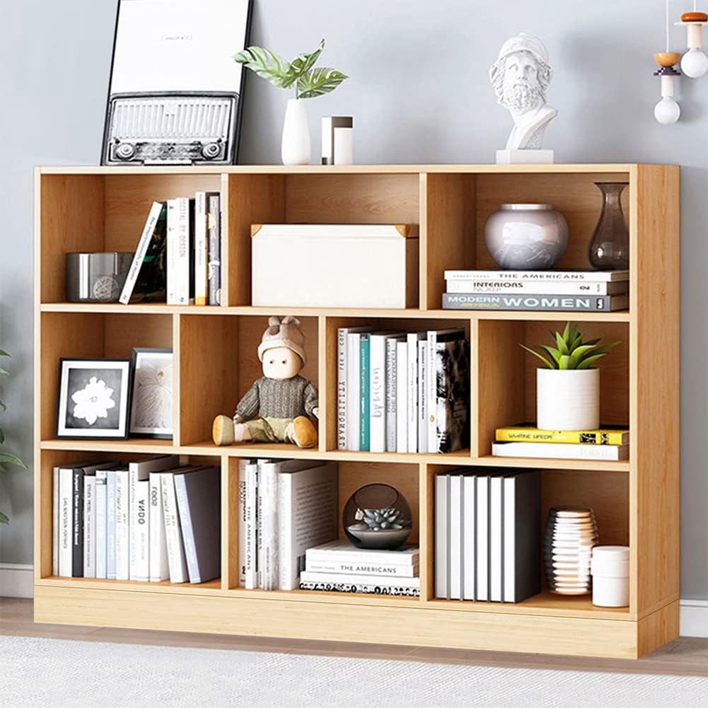 IOTXY Open Shelf Low Bookcase - Wooden 3-Tier Floor Standing Display Cabinet Organizer with Base