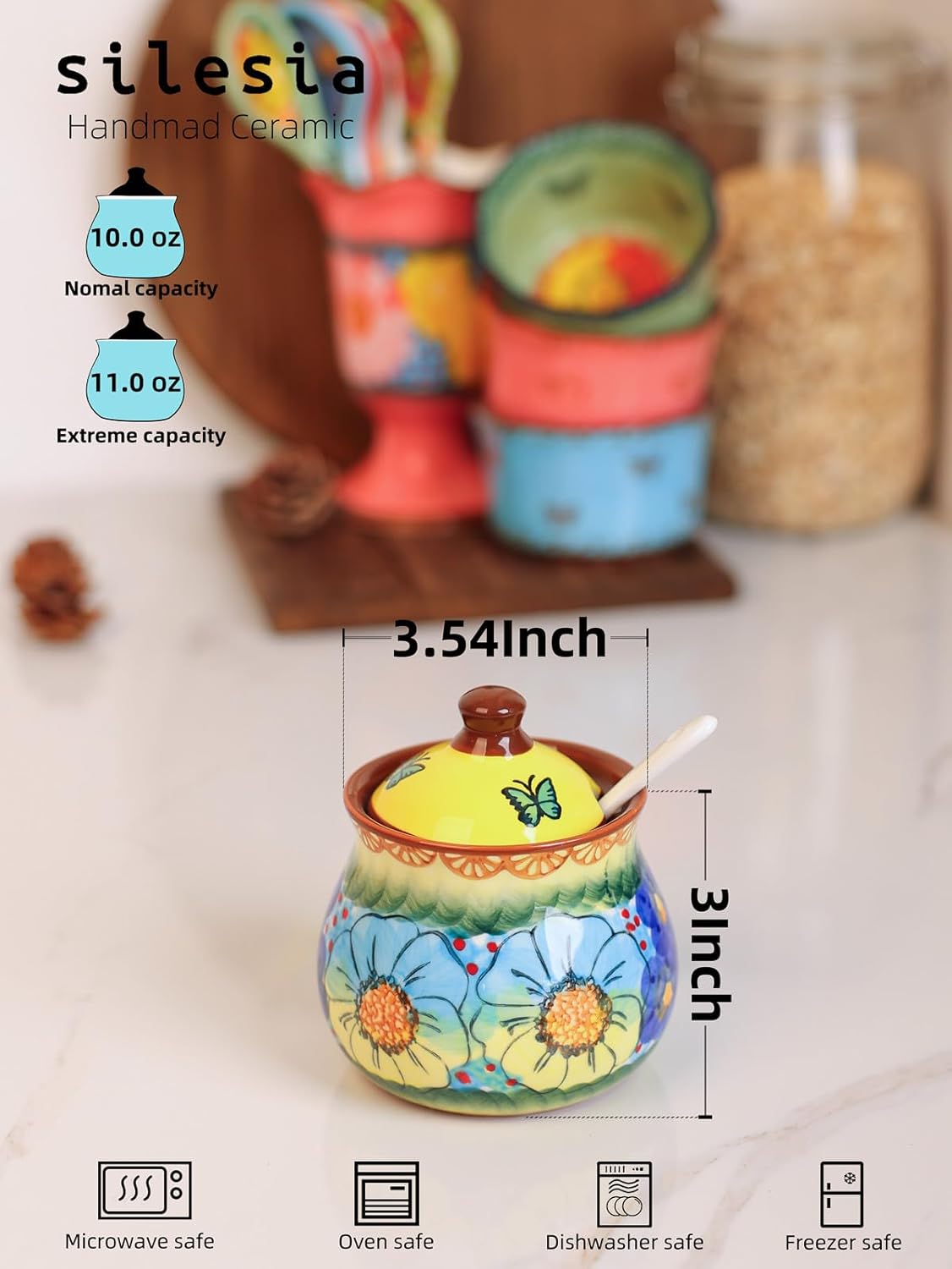 silesia Handmade Sugar Bowl with Lid and Spoon, 9 Ounce Ceramic Hand-Painted Sugar Jar for Home in