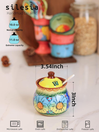 silesia Handmade Sugar Bowl with Lid and Spoon, 9 Ounce Ceramic Hand-Painted Sugar Jar for Home in
