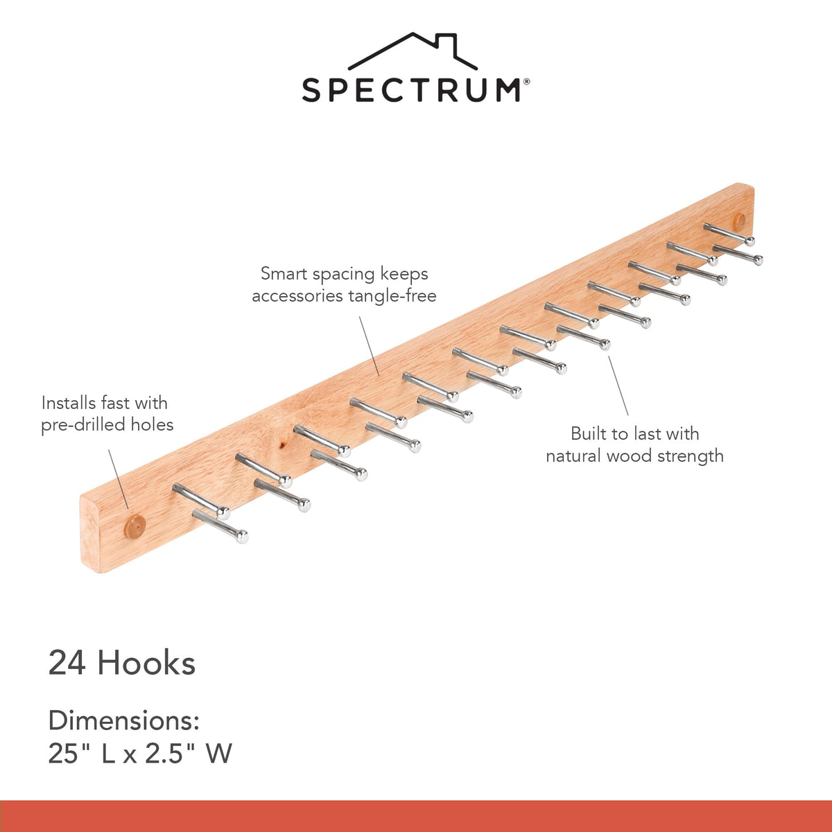Spectrum Wood Peg Rack for Wall Mount Storage 24 Peg Hanging Tie Belt Scarf Coat Rack Hanger for