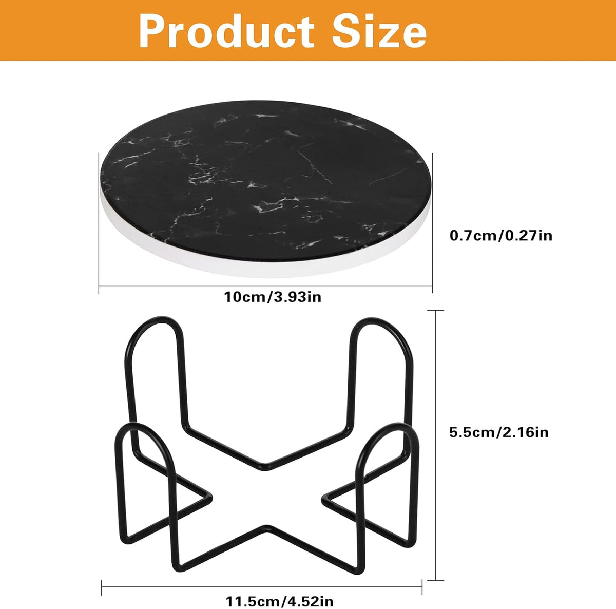 Drink Coasters with Holder Absorbent Ceramic Coasters Set of 6 Black Marble Style, 4 Inches