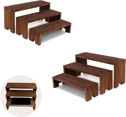 Display Wood Risers Wooden Stand 3 Tier Wood Racks Decorative Rectangular, 2 Set 6 Piece Cupcake