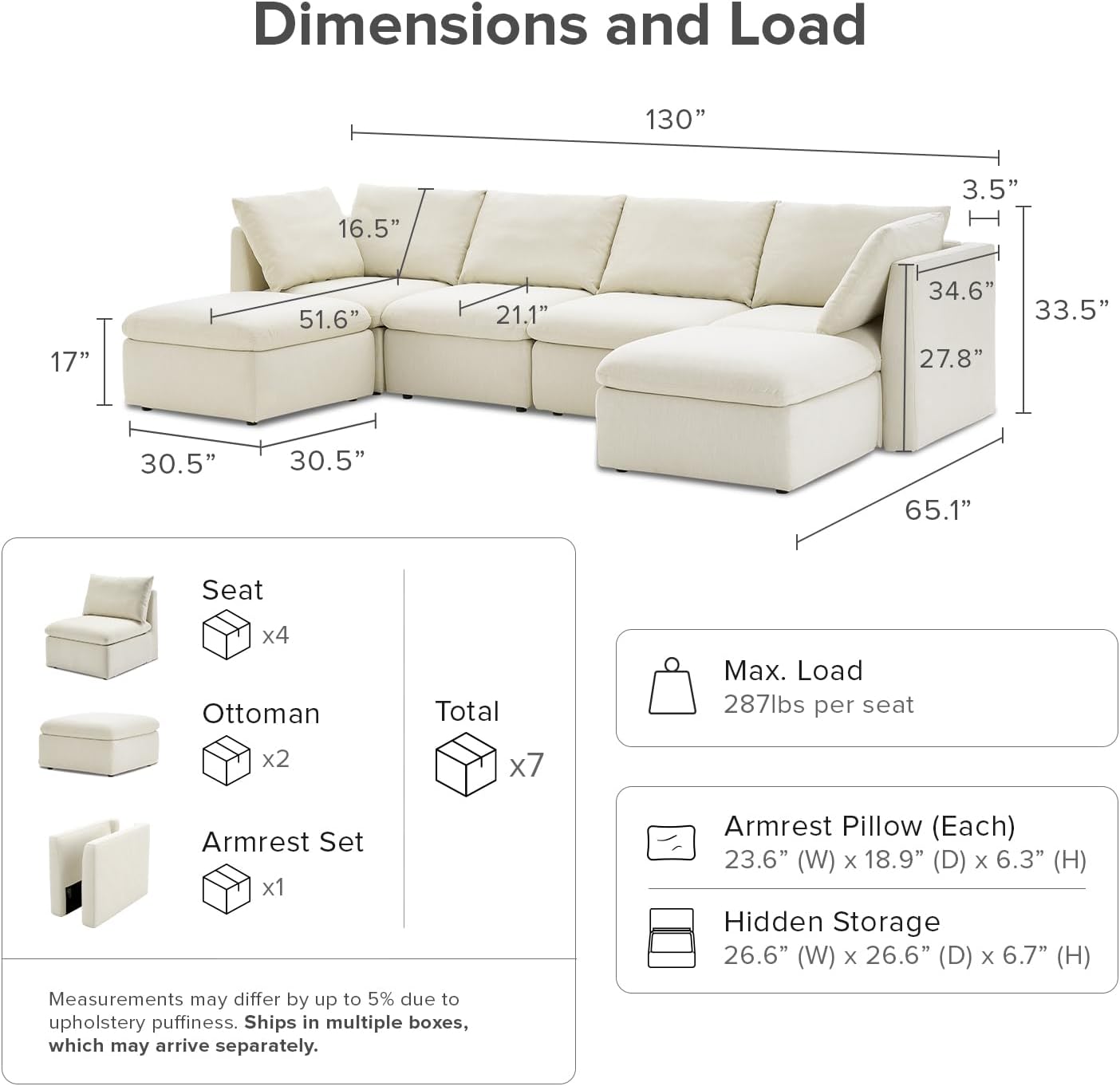 mopio Oversized Modular Sectional Sofa with Fully Removable Covers and Storage, Convertible U